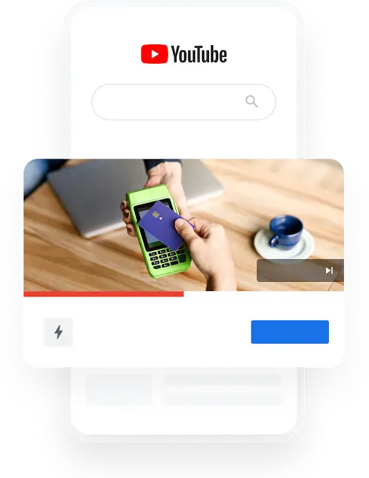 插圖:手機螢幕上針對最佳網路銀行的 YouTube 搜尋查詢帶出了某銀行的影片廣告。