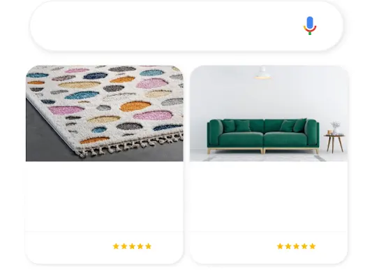 插圖:手機螢幕上針對居家裝飾的 Google 搜尋查詢帶出了兩則相關的購物廣告。