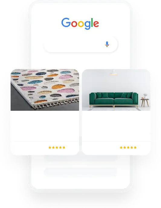 插圖:手機螢幕上針對居家裝飾的 Google 搜尋查詢帶出了兩則相關的購物廣告。
